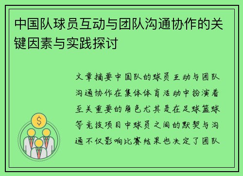 中国队球员互动与团队沟通协作的关键因素与实践探讨